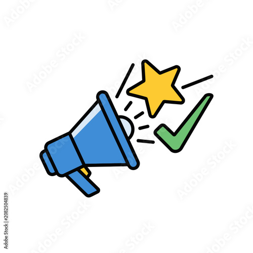 Megaphone icon with yellow star and green checkmark