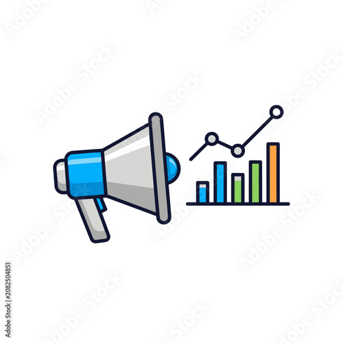 Megaphone with bar chart and line graph for marketing