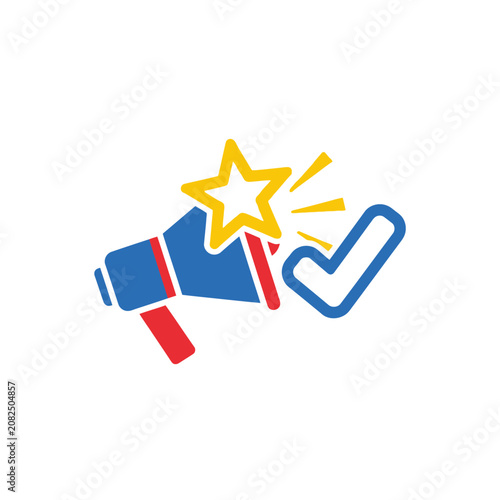 Megaphone with star and check mark flat vector icon
