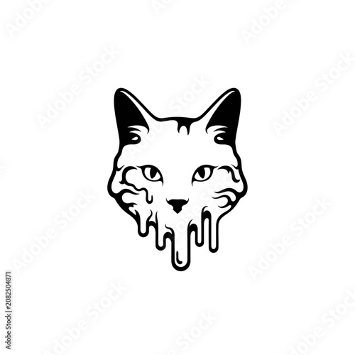 Melting cat head vector icon in minimalist black and white