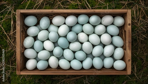 Fresh organic light blue eggs in a wooden crate on green grass