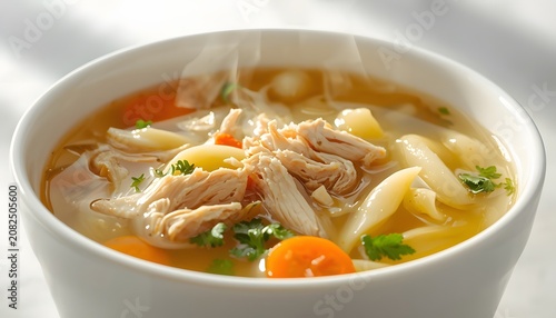 Hot chicken noodle soup with carrots and fresh herbs in a white bowl
