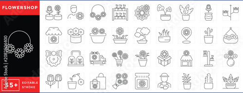 Slika na platnu Flower shop related line icons set