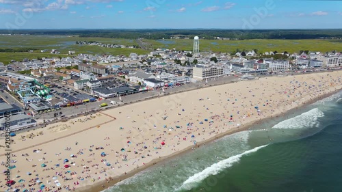 Hampton Beach aerial view including historic waterfront buildings on Ocean Boulevard and Hampton Beach State Park, Town of Hampton, New Hampshire NH, USA.