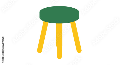 Green and yellow wooden stool with three legs.