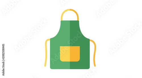 Green apron with yellow pocket and ties.
