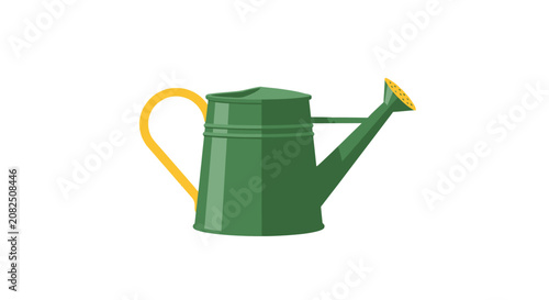 Green metal watering can with yellow handle and spout.