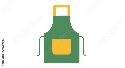 Green apron with yellow pocket and neck strap.