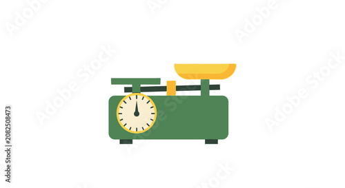 Vintage kitchen scale with yellow bowl and clock face.