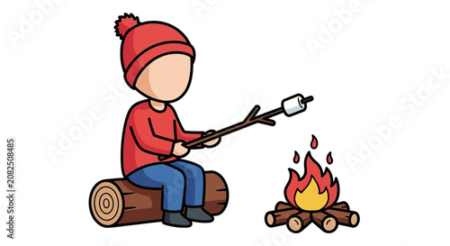Child roasting marshmallow over campfire on log.