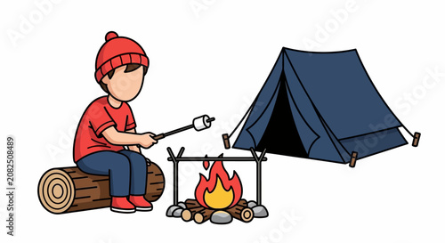 Boy roasting marshmallows by campfire near tent.