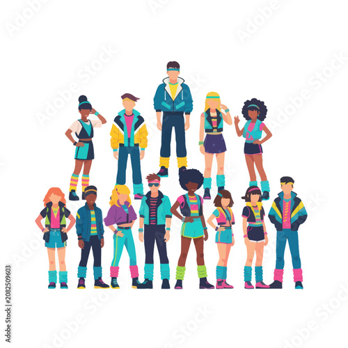 Diverse Group in Retro 80s Fashion Outfits