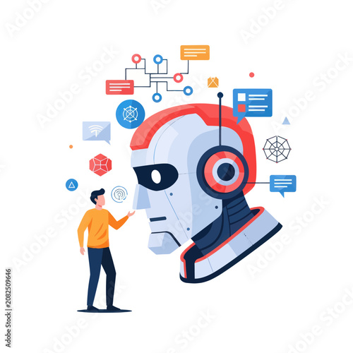 Human Interacting with Large Artificial Intelligence Robot Head