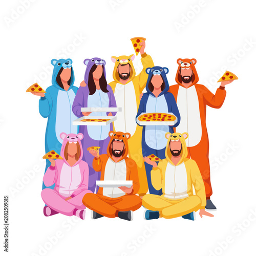 Friends in Animal Onesies Having Pizza Party