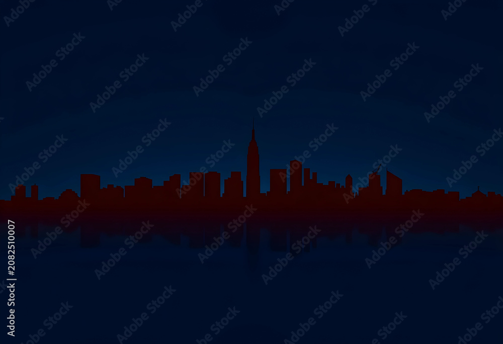 Fototapeta premium City skyline silhouette under dark blue sky with reflection