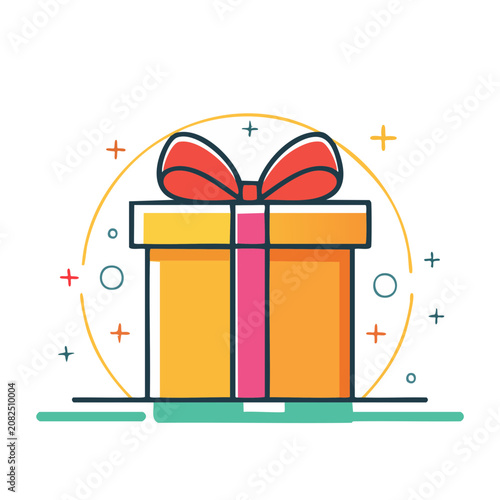 Flat design gift box with red ribbon and festive elements