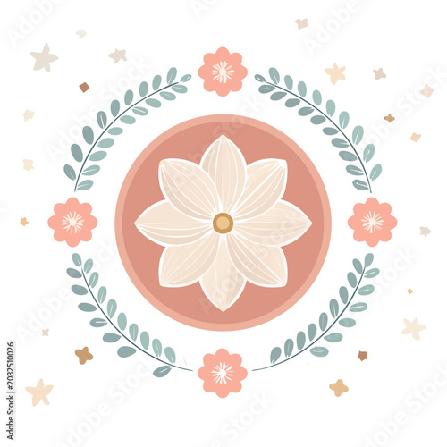 Flat illustration of a flower wreath with lotus and leaves