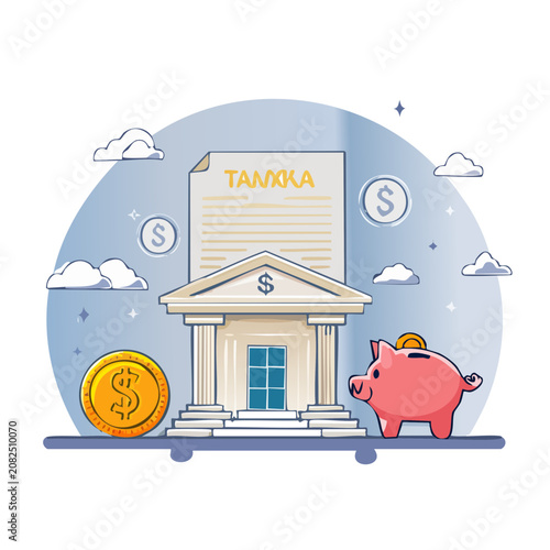 Flat vector illustration of a bank building with savings elements