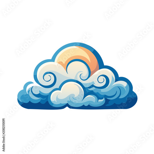 Flat vector illustration of cloud with sun and swirling waves