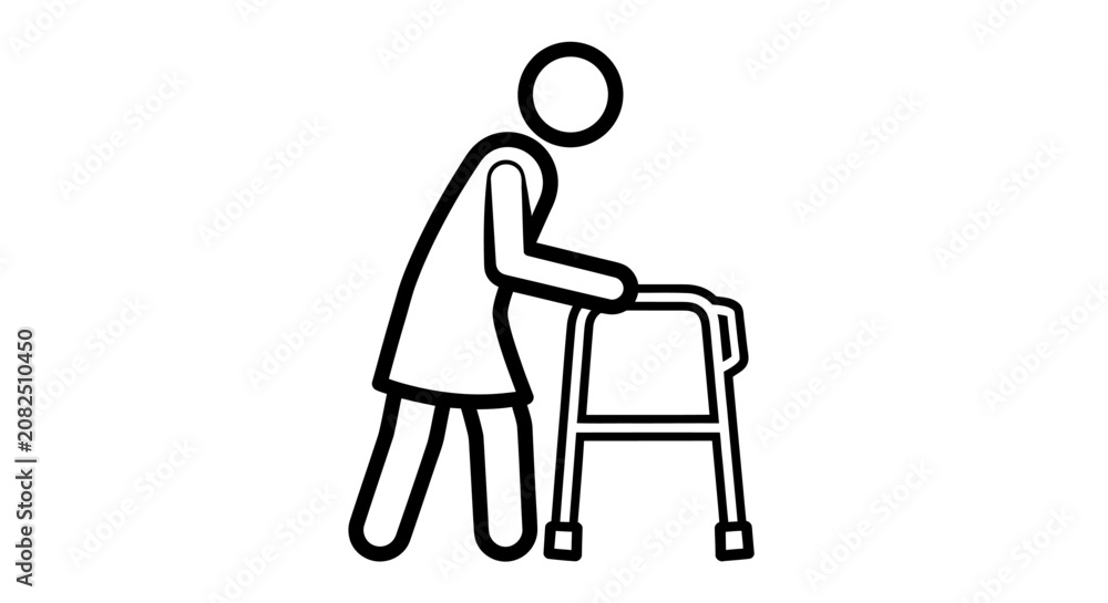 Fototapeta premium Minimalist line drawing of a person using a walker in a simple outline.