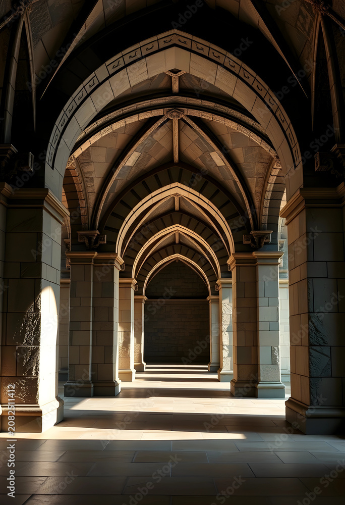 Naklejka premium Stone arches inside a cathedral corridor with natural light