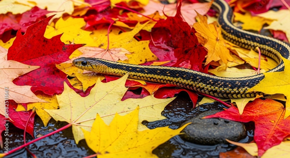 Obraz premium Snake on autumn leaves in water