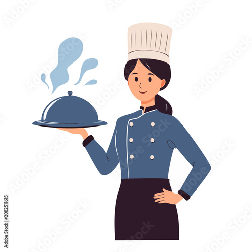 Female chef holding cloche with steam