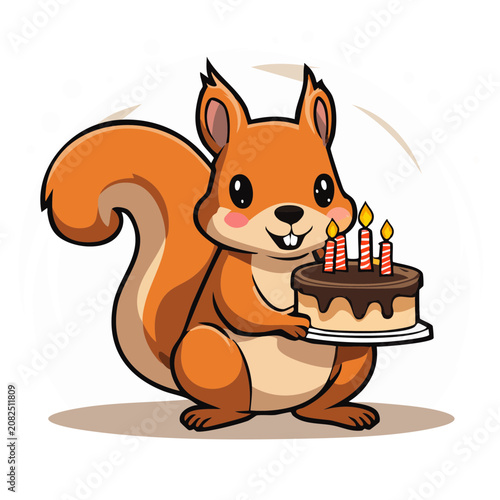 Cartoon squirrel holding birthday cake with candles