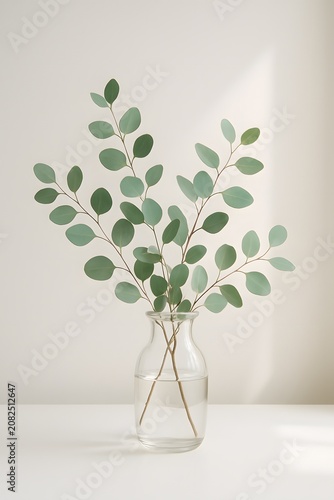 Fresh eucalyptus branches in clear glass vase on white table