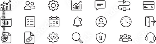 Business and management line icon set. Universal web ui, corporate development, strategy planning, and data analytics outline symbols isolated on white background.