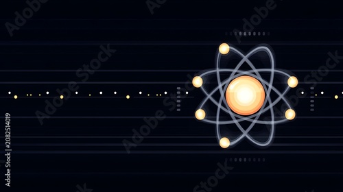 Futuristic Atomic Structure with Glowing Proton and Electrons in Dark Digital Space with Data Lines