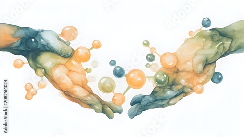 Surrealistic Watercolor Illustration of Hands with Molecules Symbolizing Connection in Science and Art