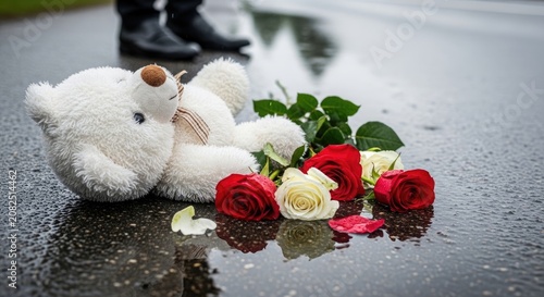 Teddy bear and roses on a rain-soaked road, symbolizing grief, remembrance, child loss, and the emotional impact of a tragic accident