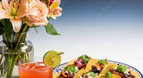 A colorful Mexican-style taco meal served on a decorative plate with a refreshing citrus cocktail and a bouquet of fresh flowers in a glass vase. The vibrant composition combines delicious cuisine