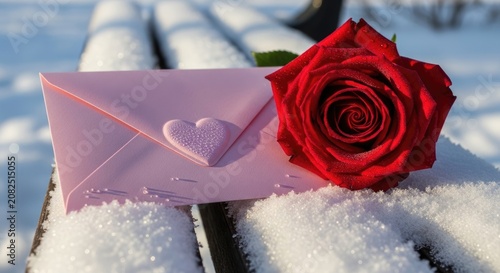 Valentine's day, pink envelope with heart and red rose on snowy bench