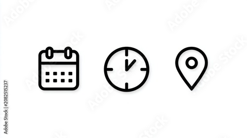 Calendar clock location icon set minimalist design