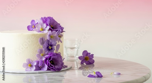white cake with purple flowers on a marble table