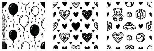 Black and white illustrations of birthday and nursery patterns