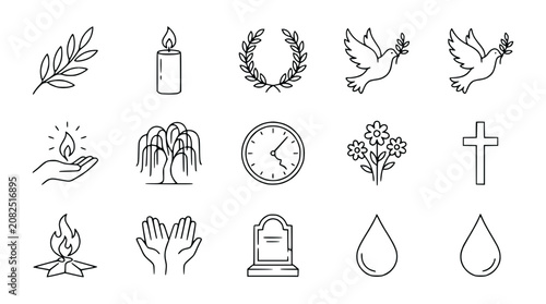 Canvas Print Funeral and Memorial Icons: Candle, Dove, Cross, Tombstone, Weeping Willow