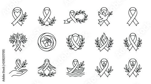 Set of Line Art Awareness Ribbons with Symbolic Elements