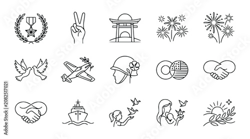 Set of Line Icons Representing Peace, Victory, and Celebration