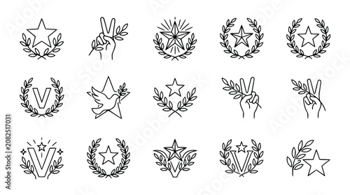 Set of Line Art Laurels, Stars, Victory Signs, and Dove Icons