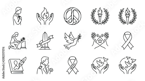 Memorial Symbols, Peace, Remembrance, Grief, Hope Icons Set