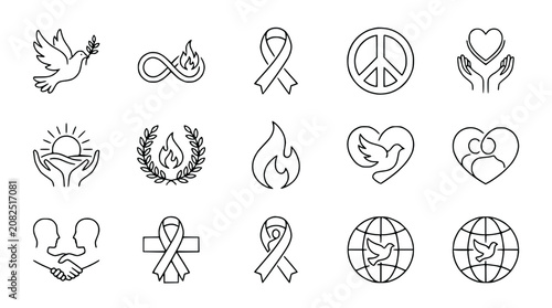 Set of Peace and Love Symbols: Dove, Infinity, Ribbon, Peace Sign, Heart, Hands, Laurel Wreath