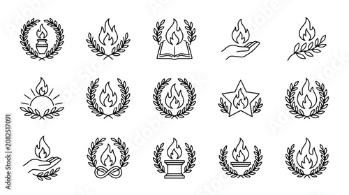 Collection of Laurel Wreath Icons with Flame, Book, Hand, and Star Motifs