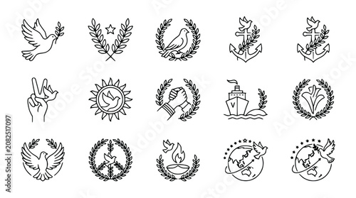 Peace Symbols Collection: Doves, Laurels, Anchors, Globe, Hand Gestures, Ship, Sun Emblem