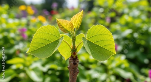 Fresh green leaves emerging from a young tree branch, symbolizing spring growth, renewal, vitality, and the beauty of natural development