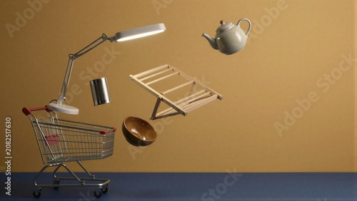 Shopping cart floats with kitchen items, symbolizing everyday purchases against warm backdrop.