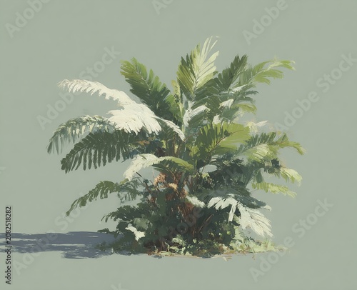 New Zealand tree fern with lush fronds on muted green background