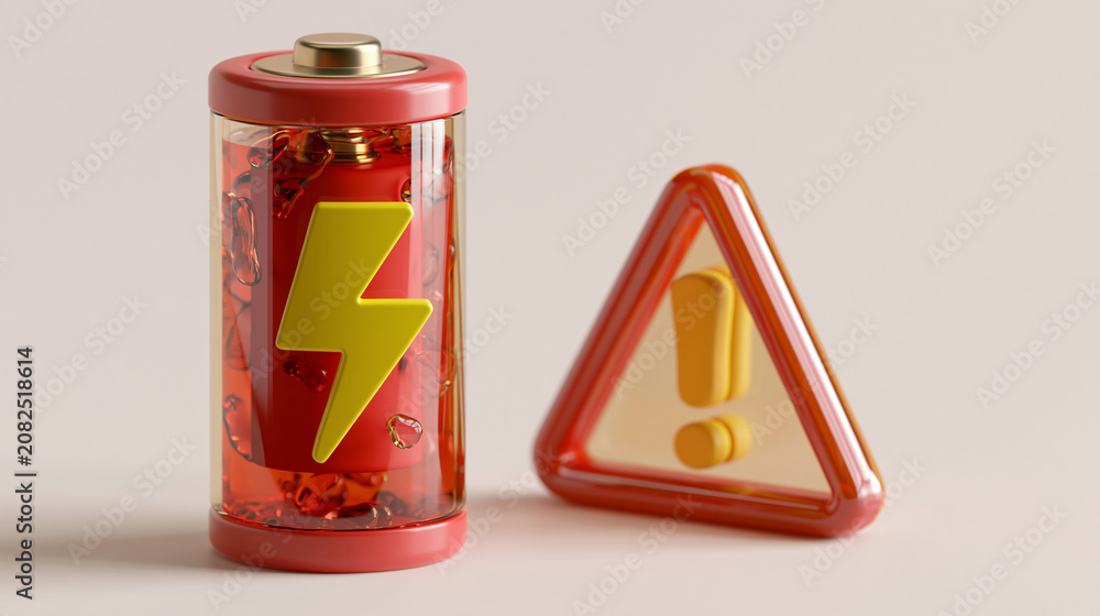 Obraz premium Low Battery Warning Concept With Red Battery and Caution Symbol